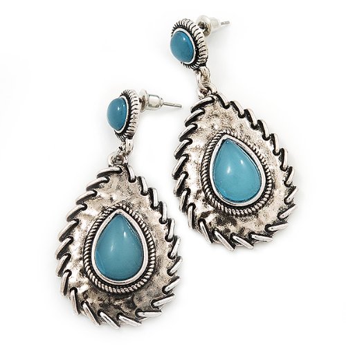 Pendientes redondos acrílico turquesa plata quemada vintage joyería mujer 6