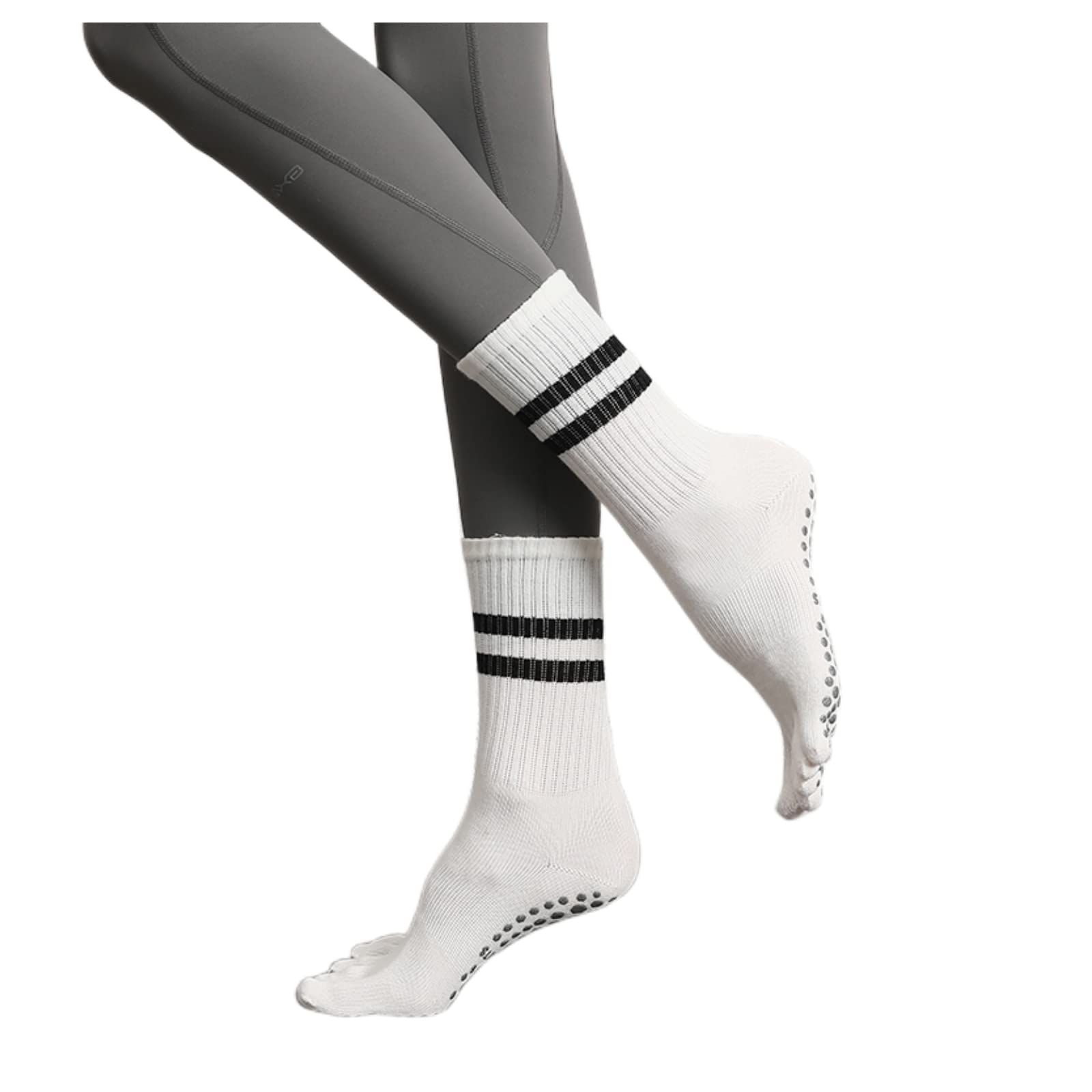 HONPOLO 5 Toe Yoga Sock Summer Long Tube Yoga Socks Non-Slip Professional Female Middle Tube Pilates 5 Finger Socks Striped Sports Socks Fitness, Anti-Slip Mid-Calf Length Breathable (white)