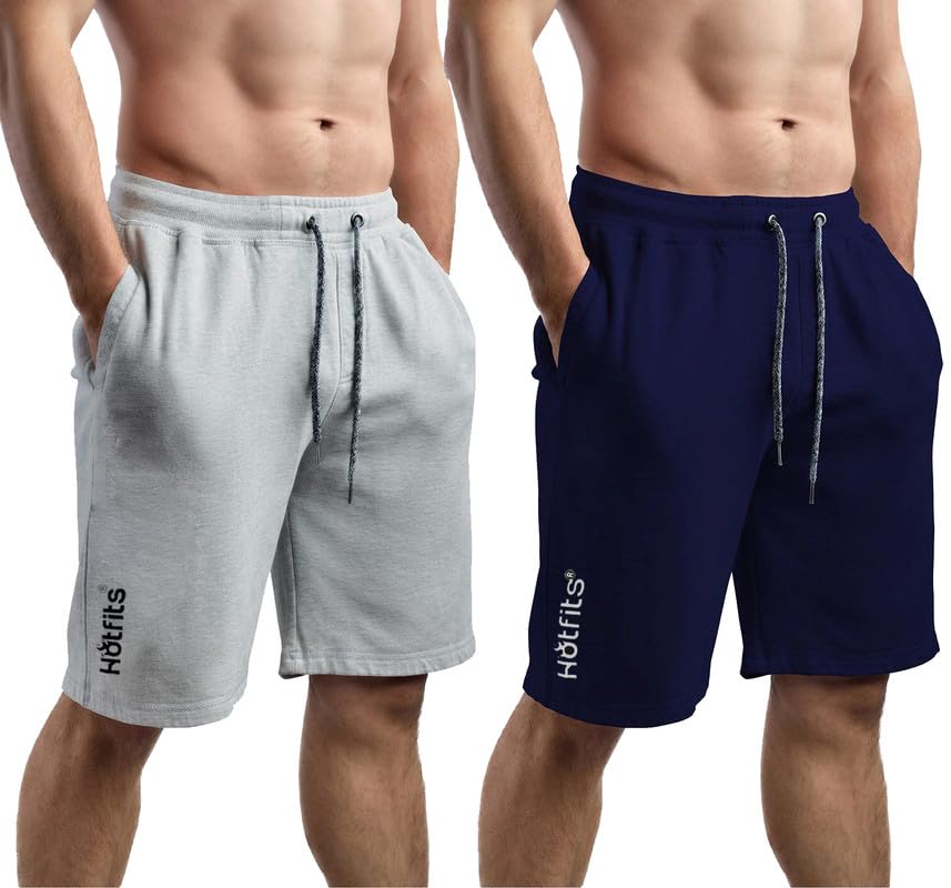 Image of hotfits Plus Size Men's Cotton Knee-Length Shorts - 2-Pack | Solid Colors, Breathable, Comfortable Workout, Running, Nightwear Shorts with 2 Side Pockets for Daily Casual & Sports