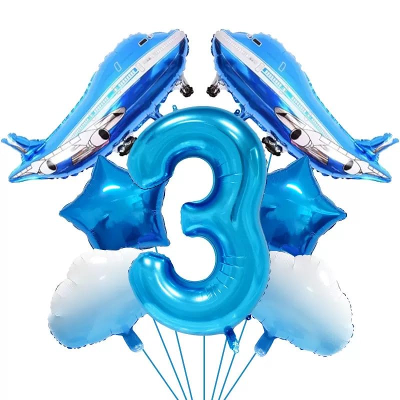 Ballon avion anniversaire 3 ans garçon et décoration de fête bleue