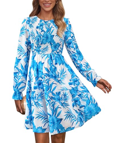Image of KIRUNDO Long Sleeve Dress for Women 2025 Summer Fall Wedding Guest Smocked Floral Crewneck Ruffle A Line Flowy Mini Dress