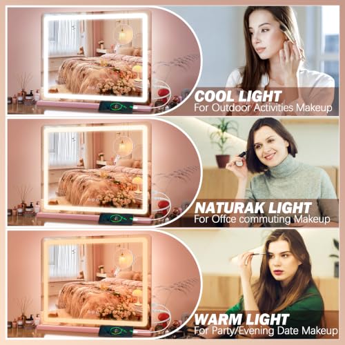 Image of FENNIO 23 inch x 18 inch Vanity Mirror with Lights,LED Makeup Mirror,Hollywood Mirror with 3 Color Modes & Adjustable Brightness,Vanity Mirror Pink