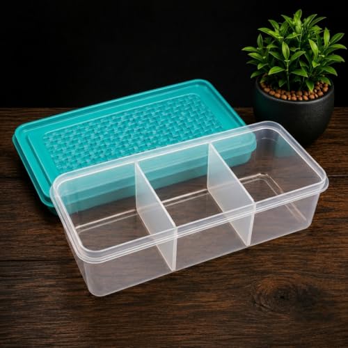 Image of MAGIC SPOON Multipurpose 3 Section Storage Container | Spice Box, Pickle Jar, Fridge Organizer, Dry Fruit, Vegetable & Kitchen Storage Container- 2000ml X 1 Pack (AQUA)