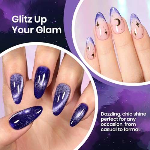 Image of Beetles Cat Eye Gel Nail Polish, 15ML Purple Cat Eye Holographic Glitter Gel Polish with Magnet Soak Off UV Shimmer Velvet Gel Celestial Veil Series French Nail Art Design Manicure Gifts for Women