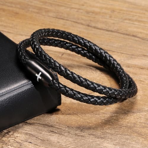 Pulsera de cuero negra con cruz, 8 pulgadas miniatura 3