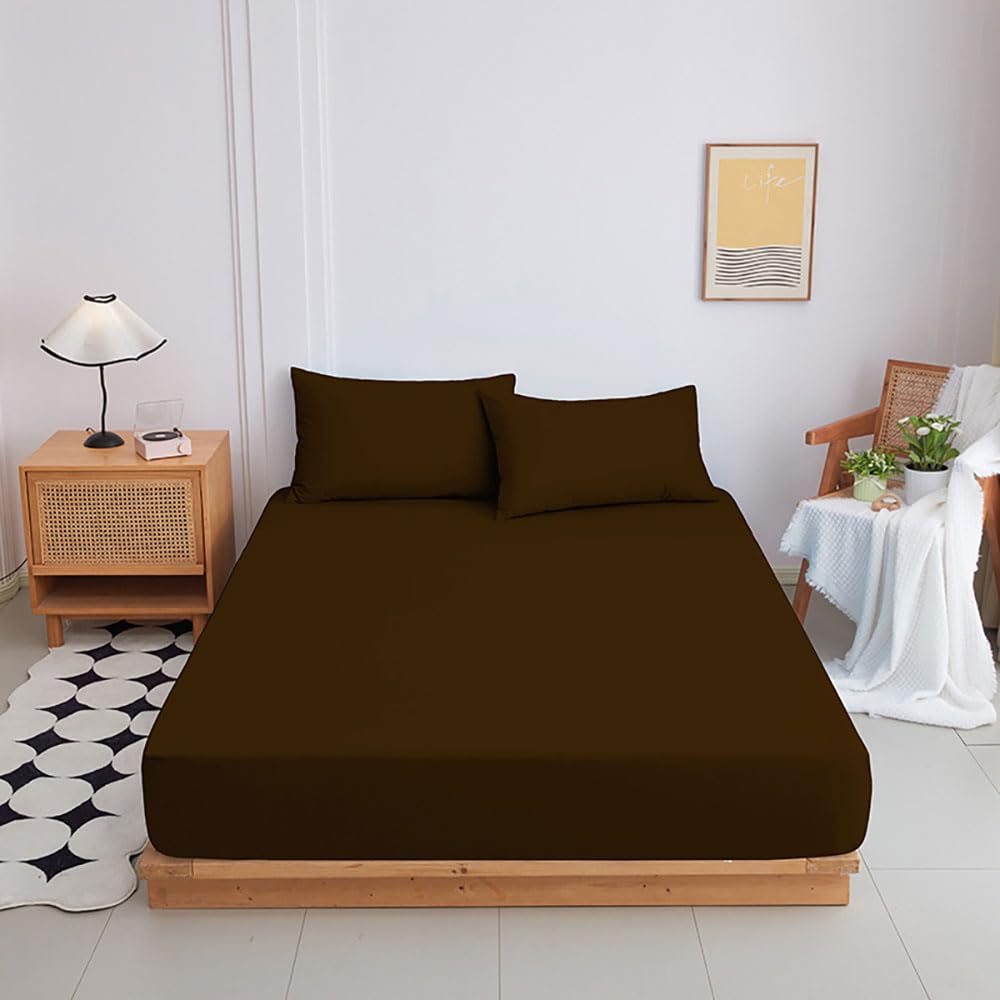 Highdi Fitted Sheets Deep Pocket 20cm, Sheet Bedding washable Sheets Linens Ultra Soft Easy Care Fade Resistant for Single Double King Size Bed (Coffee,200x220+20cm)