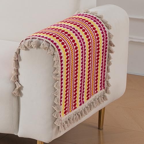 Image of HOKIPO 'Artisan Boho Series' Sofa Arm Cover with Tassel | 450 GSM Thick Cotton Acrylic Jacquard Fabric Armrest Mat Size 50x70 cm, Pack of 2, Ruby Red (IN-899-A6*2SM)