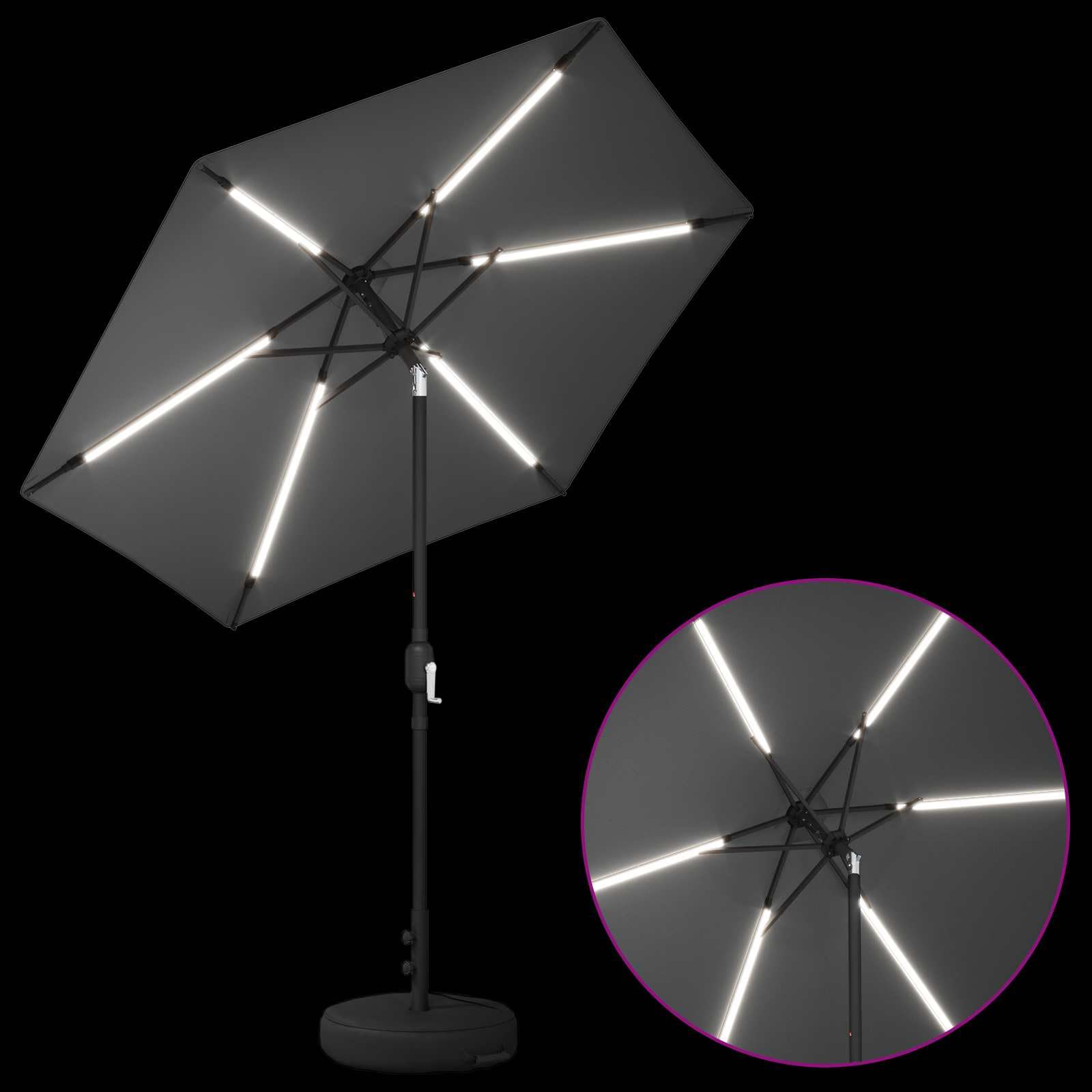 Parasol de jardín con luces LED y base estable de 230 x 230 cm para patio y jardín, protección UV, iluminación solar, función de inclinación, resistente a la intemperie, antracita