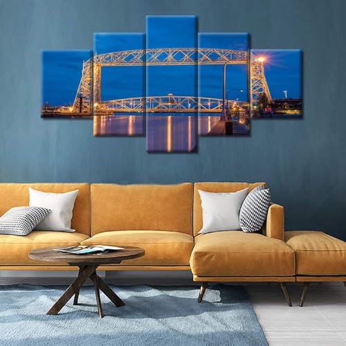 Tableau Ville Architecture Pont 5 Parties Décoration Murale Salon Toile Encadrée 100 x 50 cm