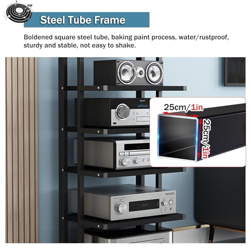 6-poziomowy mini stojak HiFi z kółkami, kompaktowy stojak na komponenty audio, drewniana i stalowa półka gramofonowa, do winylowych odtwarzaczy DVD i przechowywania multimediów, idealny sprzęt do gier