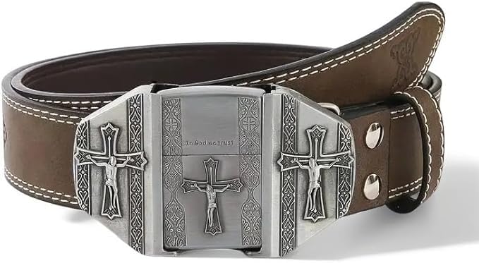 TIYLUXXA Mens Novelty Skull Printed Western Cowboy Retro Belt with Detachable Lighter - Ideal Boyfriend Holiday Gift (Cross Belt)