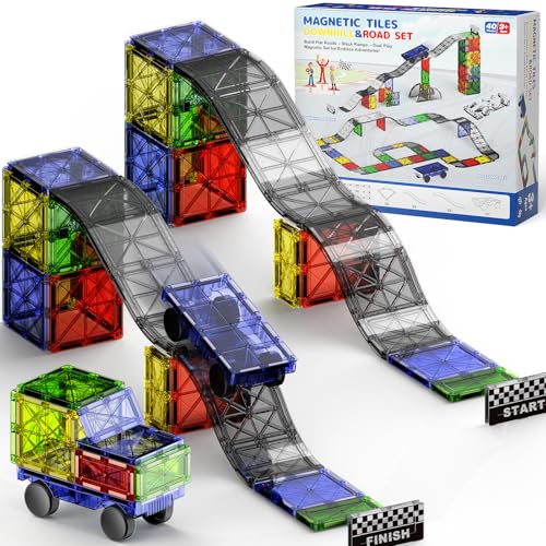 Magnetic Tiles Road Set for Kids: 40pcs Downhill Track STEM Toys with Car