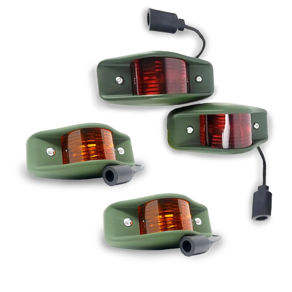 Side Marker Clearance Light, Set of 4 (2 Front + 2 Rear), Green Housing, Red and Amber Composit Lens, Bright LED 24V, Compatible with All Military Vehicles, Universal, Humvee M998, Hummer, H-1