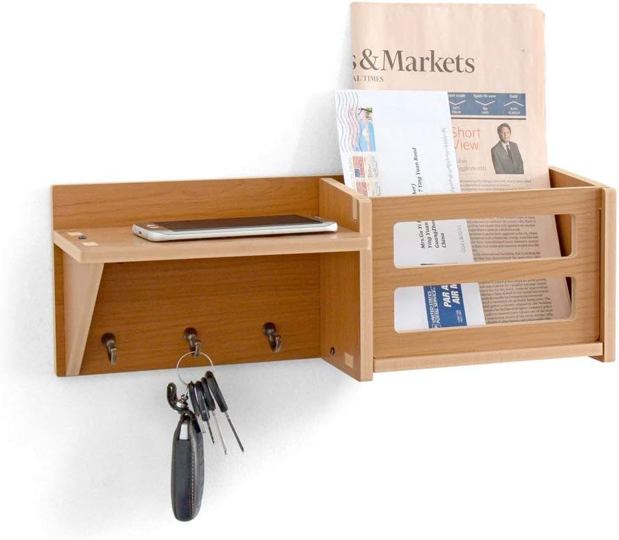 ChasBete Mail Key Wall Shelf Organizer with Keyring Holder and Mail Slot 3-in-1 Decorative Wall-Mounted Shelving with Natural Rustic Wood for Entryway Kitchen and Living Room Floating Shelves