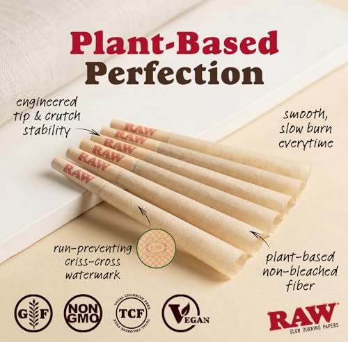 Image of RAW Cones Classic 1 1 /4 Size: 150 Pack Patented Slow Burning Pre Rolled Rolling Papers & Tips, All Natural Raw Paper, 84mm