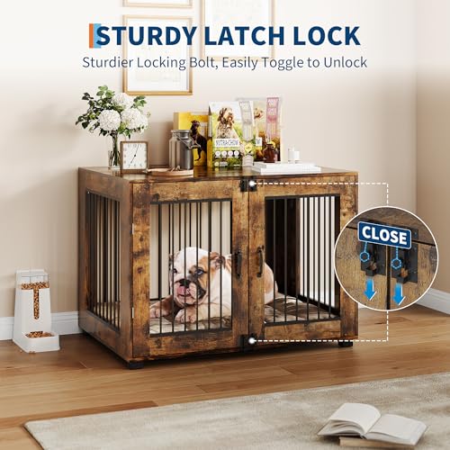 23.6" Dog Crate Furniture, Wooden Kennel with Locking Double Doors, Chew-Resistant Indoor Pet Cage End Table for Small Breeds, Brown - Image 5