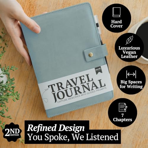 Image of Travel Journal with Prompts (Hardcover) 2nd Edition - Vegan Leather Adventure Essential - 2-Page-A-Day Travel Journal (40 Days) for Women Men Nonbinary - A5 Daily Diary & Traveler Notebook - Gift - Present - Cool Mint