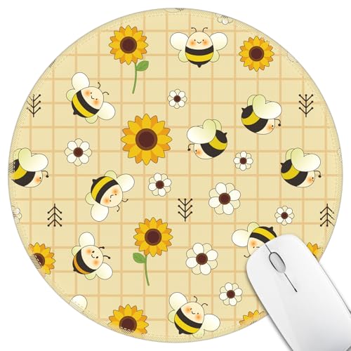 Hancynir Mouse Pad for Desk, Sunflower Floral Bee Small Cute Mousepad with Non-Slip Base, Round Mouse Pads for Wireless Mouse Laptop Gaming, Computer Mouse Mat for Home Office Travel Desk Accessories