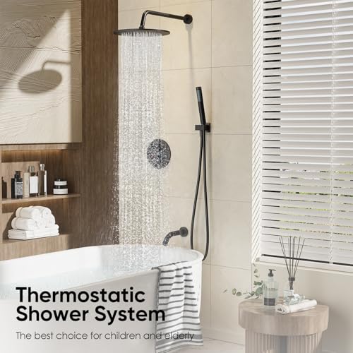 Image of Gabrylly Thermostatic Shower System with Tub Spout, All Metal Bathtub Shower Faucets Set with Anti Scald Shower Valve, High Pressure 10 inch Rain Shower head with Handheld Spray Combo, Matte Black
