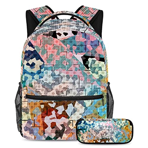 Sac à dos géométrique lot de 2 avec trousse multicolore pour élève et adolescent