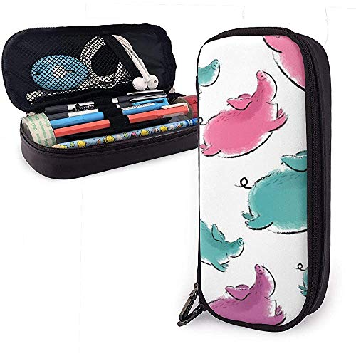 Preisvergleich Produktbild Aquarell niedliche glückliche Schweine Leder Federmäppchen, Bleistift Tasche Stifthalter stationären Fall