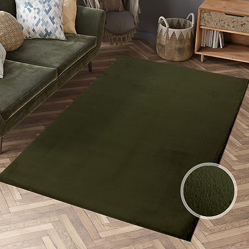 Hochflor Teppich Wohnzimmer - Einfarbig Basil, Oliv-Grün - 120x170 cm - Super Soft Polyester,...