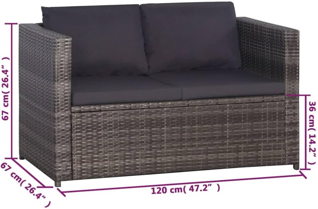 vidaXL Poly Rattan Outdoor Bistro Set with Cushions, Lightweight, Weather- Sofa Seating Group for Garden, Patio, Terrace - Gray