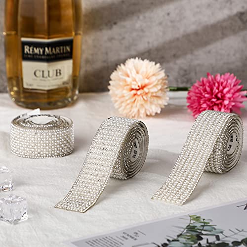 3 Pieces Self Adhesive Crystal Rhinestone Ribbon Sticker Crystal Chain Banding 3 Mm Diamond Inlaid White Pearl Beaded (White,White, 1.18 Inch X 3 Yard) #TOP3