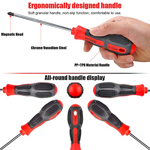 HXSNEW Magnetic Screwdriver Set 10 PCS,5 Phillips and 5 Flat Head Screwdriver Non-Slip for Repair Home Improvement Craft (Red)