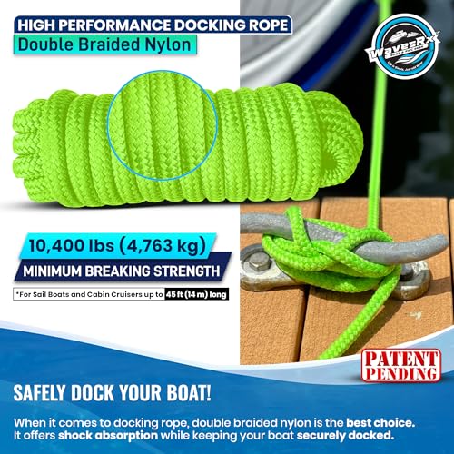 Image of Premium Nylon Boat Dock Lines & Ropes for Docking & Pontoon | Double Braided Marine Rope | Boat Ropes for Docking with Loop | UV & Saltwater Resistant Dock Rope (Neon Green, 5 /8 inch x 25')