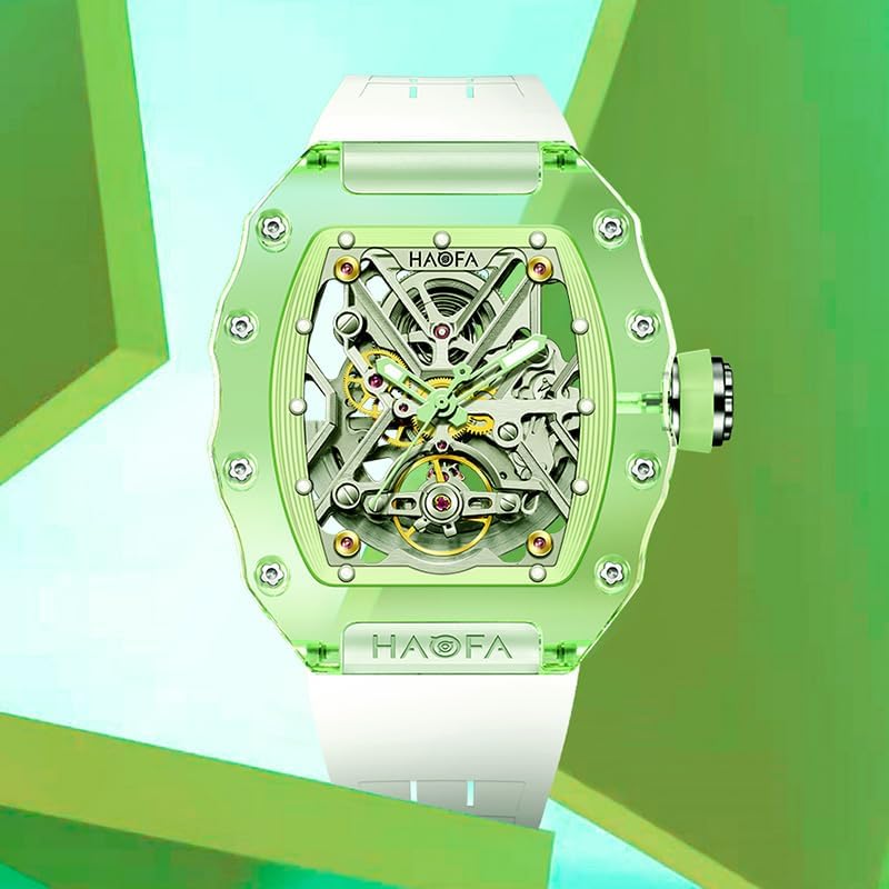 Miniatura 6 de Haofa Reloj mecánico automático de cristal para hombre, reloj hueco de colores de lujo, impermeable, luminoso, de cuerda automática, reloj para