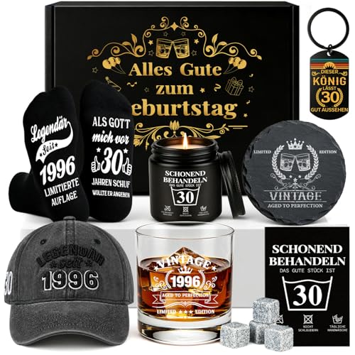 30. Geburtstag für Männer Vintage 1996 Geburtstagsgeschenke Männer Geschenkbox zum 30 Geburtstag mit Whisky Steinen Tasse Socken Schlüsselanhänger Kerze & Karte Geschenk für Mann Papa Freund