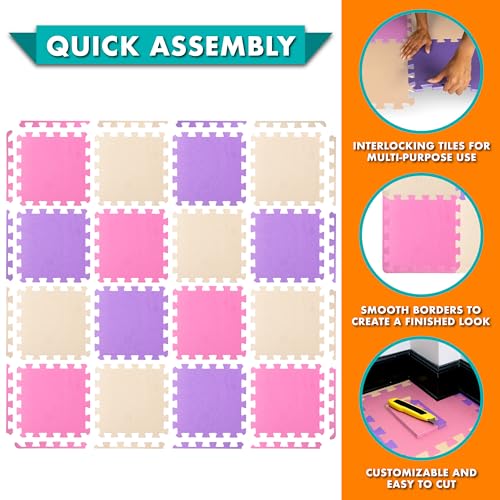 Image of ProSource Baby Play Mat, Soft Foam Floor Tiles for Kids, Interlocking EVA Panels for Playpen Use, Crawling Development Surface, Safe Non-Toxic Toddler Flooring, 16 Tiles, Pink /Purple /Beige