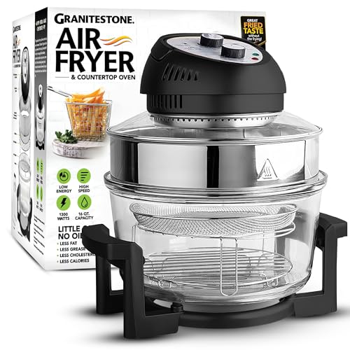 Big Boss 16Qt Extra Large Glass Air Fryer Non Toxic – Family Sized 4 in 1 Cooker with 3 Cooking Sections, Stainless Steel Racks for French Fries, Chicken, No Preheat, Self Cleaning, Dishwasher Safe