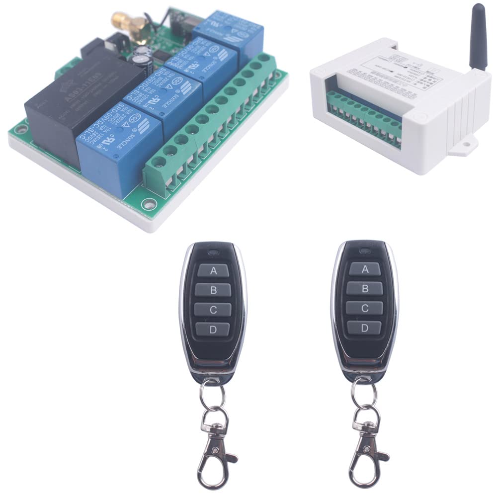 Interrupteur d’éclairage sans fil 220V 4CH sans câblage Apprendre le code Interrupteurs de relais de télécommande 85V-250V 220V 110V pour porte de garage légère (2 * Télécommande)