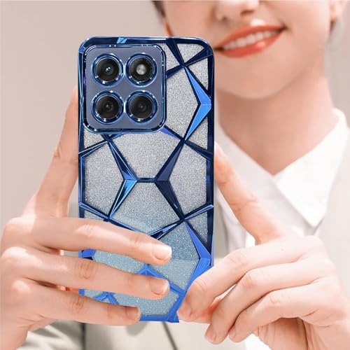 Image of VONZEE Gradient Glitter Case for Moto Edge 60 Fusion, Luxury Electroplated 3D Cube, Diamond Bling Shiny Soft TPU Clear Shockproof Women Girls Protective Phone Cover (Blue)