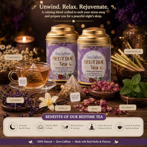 Image of Sancha Tea Boutique, Bedtime Tea, Caffeine Free Herbal Tisane, 25 Pyramid Bags, For Stress Relief & Good Sleep, Blend Of Real Vanilla, Lavender, Rose & Chamomile Flowers (Pack of 2)
