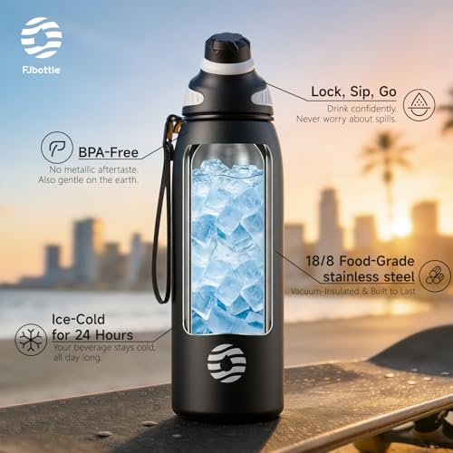 Image of Fjbottle Insulated Stainless Steel Water Bottle, 32 Oz Leakproof Water Bottles, Ice Reusable Tumbler, Double Wall Vacuum Jug, Lightweight Durable for Traveling & Sports, Workout, 32oz