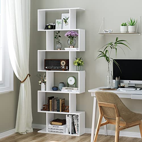 SHUANGZ 6 Tier Bookcase S Shaped Bookshelf, Freestanding Geometric Bookcase for Display and Storage, 75” Tall White Bookshelf for Home Office Living Room Entryway Hallway SHUANGZ 6 Tier Bookcase S Shaped Bookshelf, Freestanding Geometric Bookcase for Display and Storage, 75” Tall White Bookshelf for Home Office Living Room Entryway Hallway