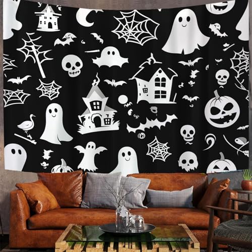 Tapisserie Halloween noir et blanc 230x180cm grand format imprimé crâne et fantôme