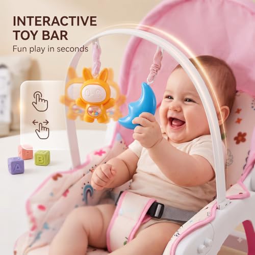 Image of StarandDaisy Dreamy Baby Rocker Chair with Play Tray, Mosquito Net & Toy Bar | Adjustable Recline, 3-Point Safety Harness | Infant Rocking Seat, Feeding Chair for Newborns & Toddlers 0-3 Years (Pink)