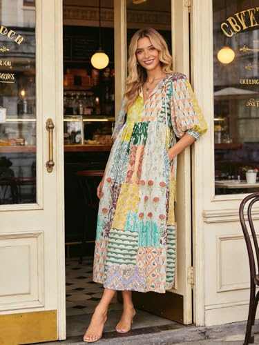 Image of CHARTOU Women Boho Floral Printed Long Dress Summer Lantern Half Sleeve Beach Flowy Loose Swing Chiffon Sundress
