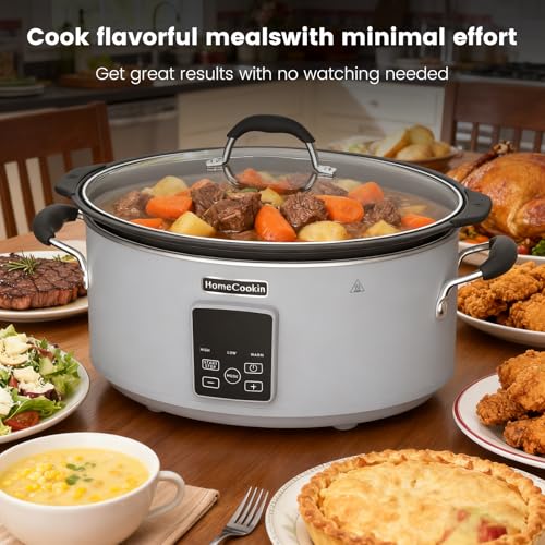 Image of HOMECOOKIN Slow Cooker, Extra Large 10 Quart Programmable Slow Cookers, Dishwasher Safe Glass Lid & Crock, Kitchen Appliance for Families and Gatherings, Grey
