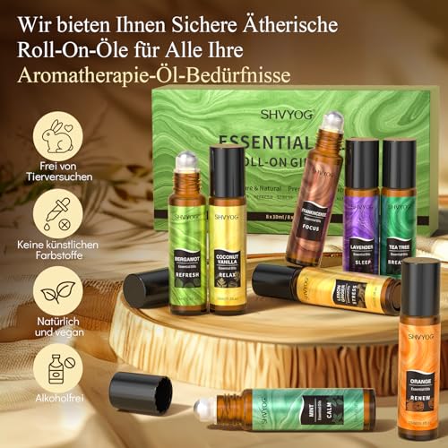Ätherischen Ölen Roll On Geschenkset 8x10ml, Natürliche Aromatherapie Öle, Lavendel, Teebaum, Bergamotte, Weihrauch, Hilft beim Einschlafen, Stress, Geschenk für Frauen Männer