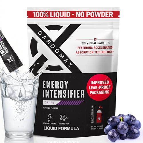 CardoMax - Energy Drink Packets - Liquid Preworkout for Men & Women Caffeine Packets with BCAA, Vitamin B12, Vitamin B6 & B3 - Sugar-Free, Zero Calorie, Vegan & Keto - 15 Stick Packs - Grape