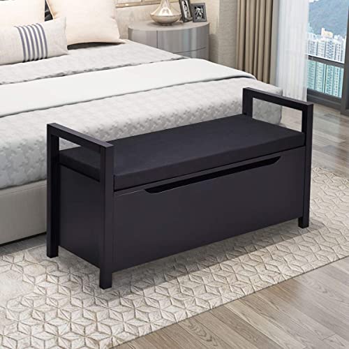 Giantex Shoe Storage Bench With Cushion, Entryway Storage Benches, End Of Bed Bench For Bedroom, Wood Shoe Bench With Seat, 34" L×15" W×19" H, Black #TOP1