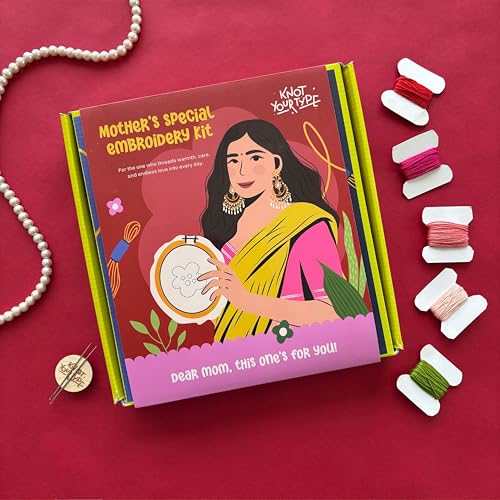Image of KNOT YOUR TYPE Cotton Mother's Love DIY Embroidery Kit with Gift Box-Bundle of 2|Hand Embroidery Kit with All Stitching Materials|Perfect Art & Craft Gift Set,Stitching Kit for Adults,Multicolor