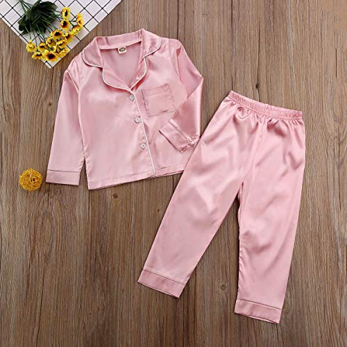 Toddler Baby Kids Satin Pajamas Set, Long Sleeve Button-Down Sleepwear PJs for Girls3
