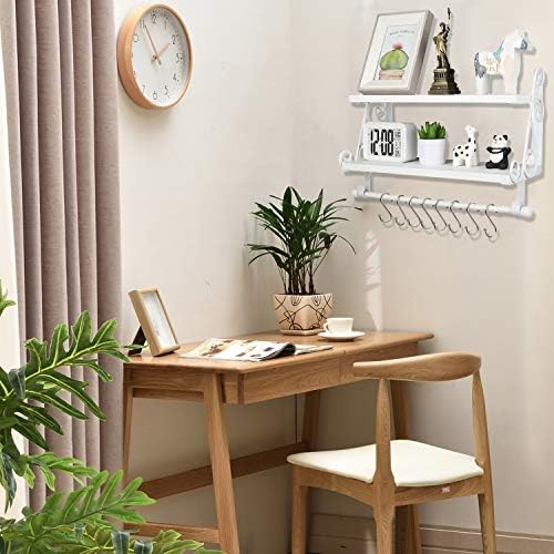 Halcent Floating Shelves Wall Storage Shelf with 8 Hooks, 2-Tier Wood Shelves Kitchen Spice Rack Bathroom Shelves with Towel Bar for Pantry Living Room Bedroom Entryway