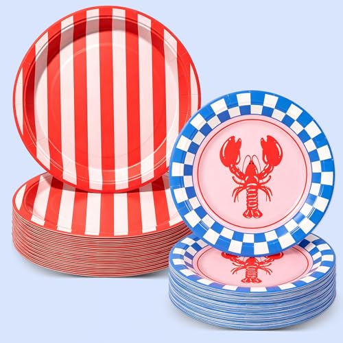 Whaline 50Pcs Crawfish Paper Plates 7 & 9 Inch Summer Dinnerware Set Stripe Plaid Lobster Disposable Plates for Seafood Party Beach BBQ Birthday Supplies